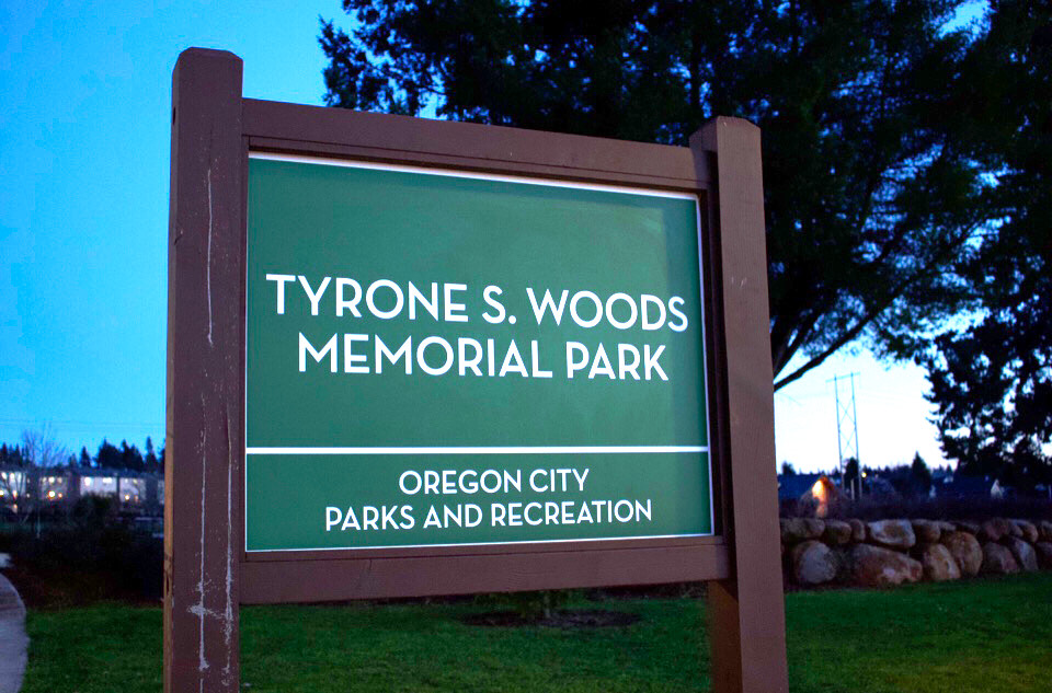 The sign at Tyrone S. Woods Memorial Park in Oregon City, OR off of Meyers Road. Opened in 2021 in the memory of Tyrone for his community.