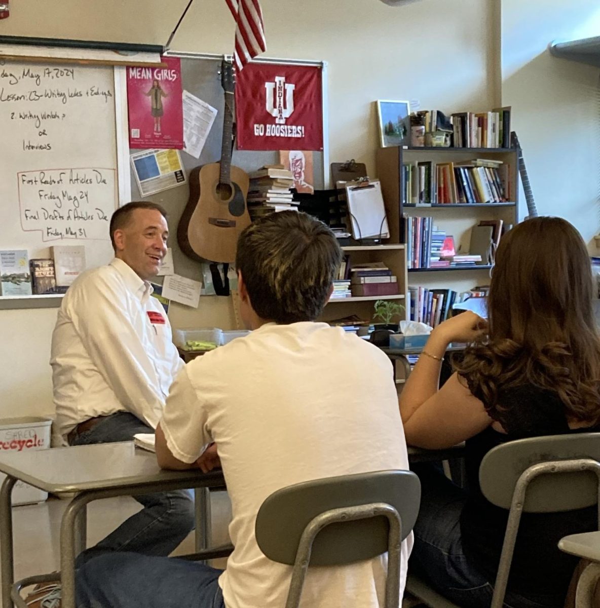 Tobias Read answers questions from the interview panel, Friday, May 17, 2024, in Patrick McDonald’s classroom at Oregon City High School. Read came to the school after being prompted by an email sent by students.