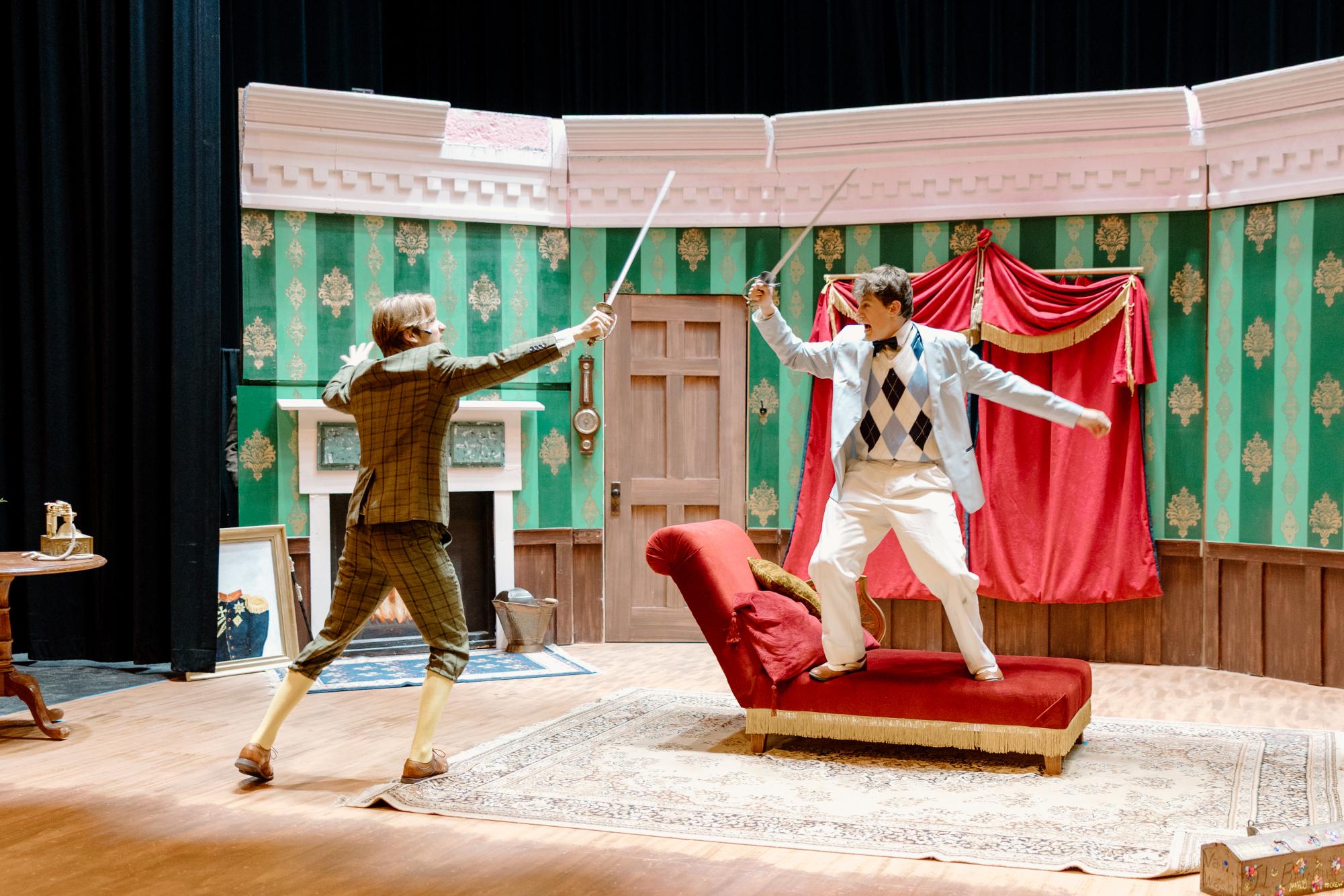 Liam Dale and Andrew Stoffers engage in a catastrophic duel, performing as characters Robert and Max in The Play That Goes Wrong. Dale is a senior and Stoffers is a sophomore here at OCHS. They have both recently been in The Lion, the Witch, and the Wardrobe; Footloose, and She Kills Monsters.