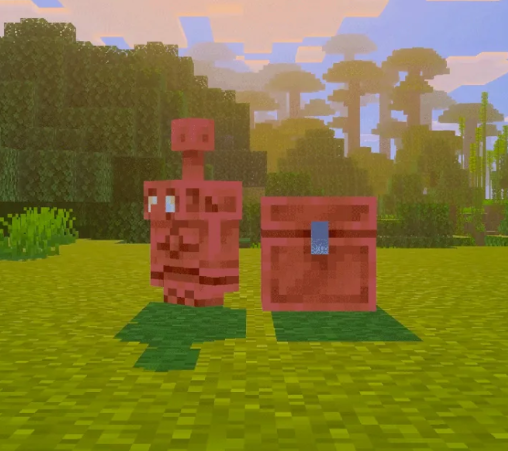 Photograph of the "Copper Golem" and the "Copper Chest" in minecraft.