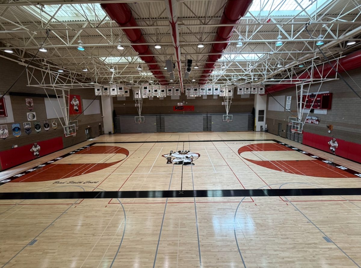 The Oregon City basketball court is for the hard workers on both the boys and girls basketball teams. This court is larger than other teams courts in our league, as it is a college court and stretches the sideline.