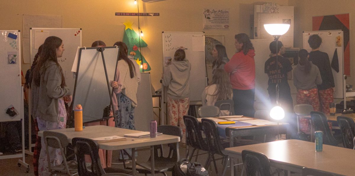 Calculus A/B Class in C201 on December 8th, 2025. Students are practicing using whiteboards in the room.